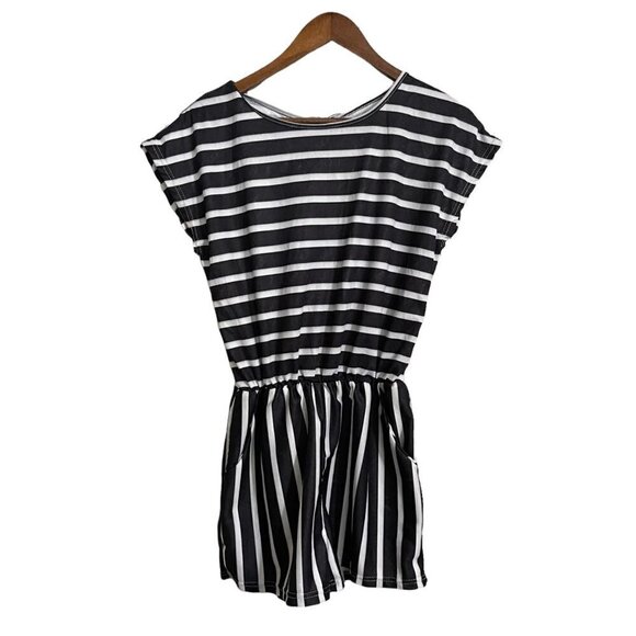 Womens Black White Striped Elastic Waist Pockets Keyhole Tie Back Romper Small - Picture 1 of 5